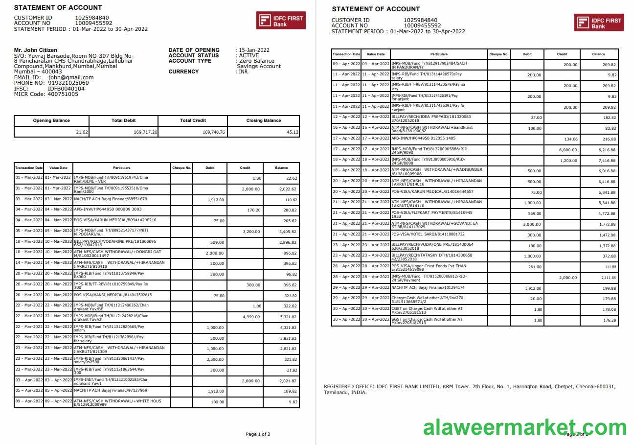 India IDFC First bank statement, 2 pages